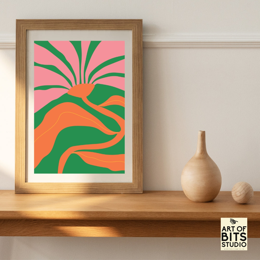 Dancing Flower Delight: Vibrant A4 Poster Print - Orange Green Pink Floral Art