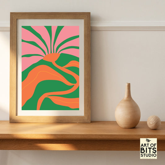 Dancing Flower Delight: Vibrant A4 Poster Print - Orange Green Pink Floral Art