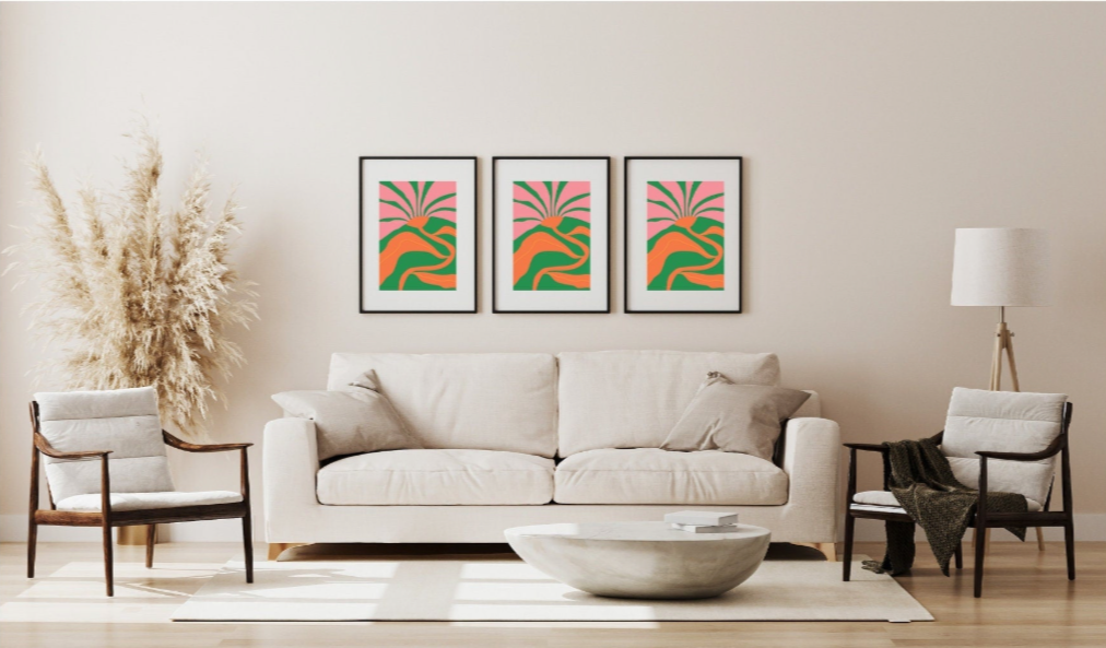 Dancing Flower Delight: Vibrant A4 Poster Print - Orange Green Pink Floral Art