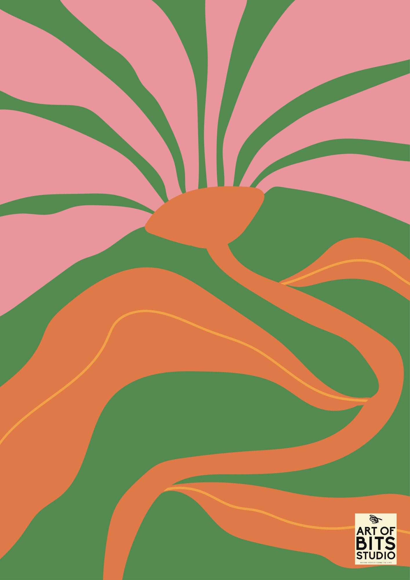 Dancing Flower Delight: Vibrant A4 Poster Print - Orange Green Pink Floral Art